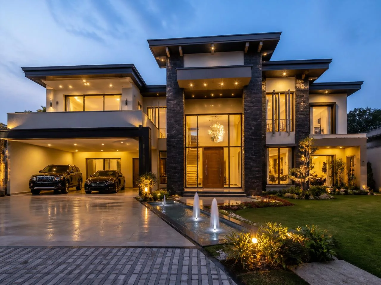 Modern luxury villa exterior at dusk